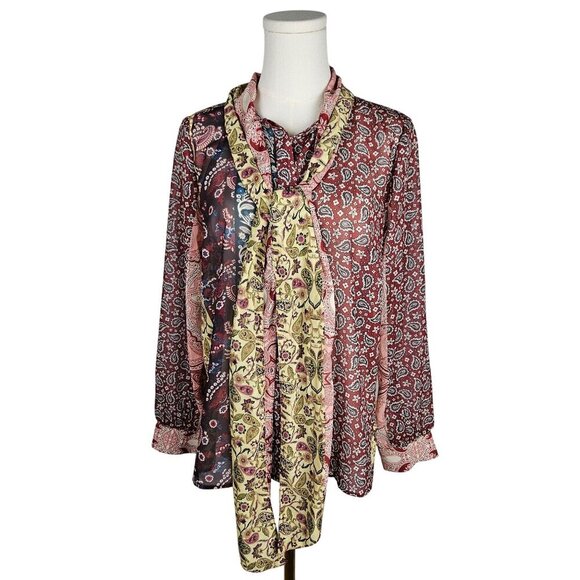 Soft Surroundings Langdon Button Down Tie Paisley Shirt Small Boho Mixed Print - Picture 2 of 10